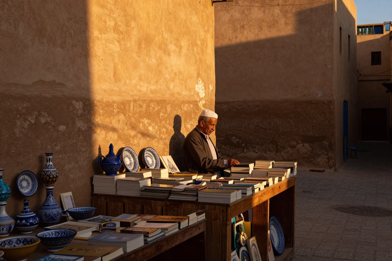 Sunset light illuminates traditional Moroccan ceramics and paperbacks in Fez medina shop in in Fez, Morocco