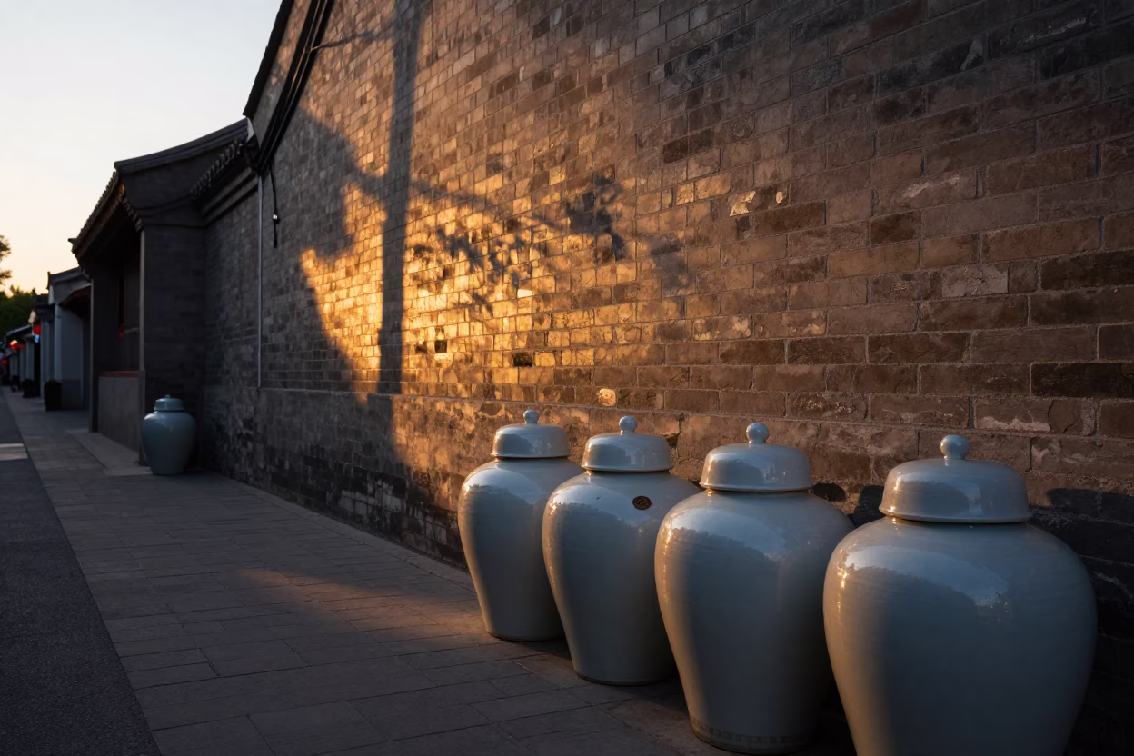 Sunset light illuminates traditional porcelain jars on a Beijing hutong street corner in in Beijing, China