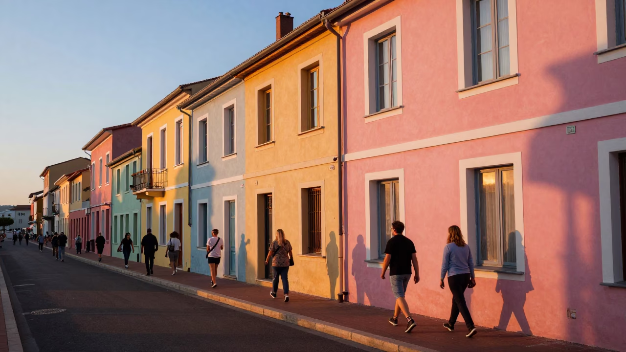 Sunset Light Illuminating Colorful Facades and Street Life in Nice France in in Nice, France
