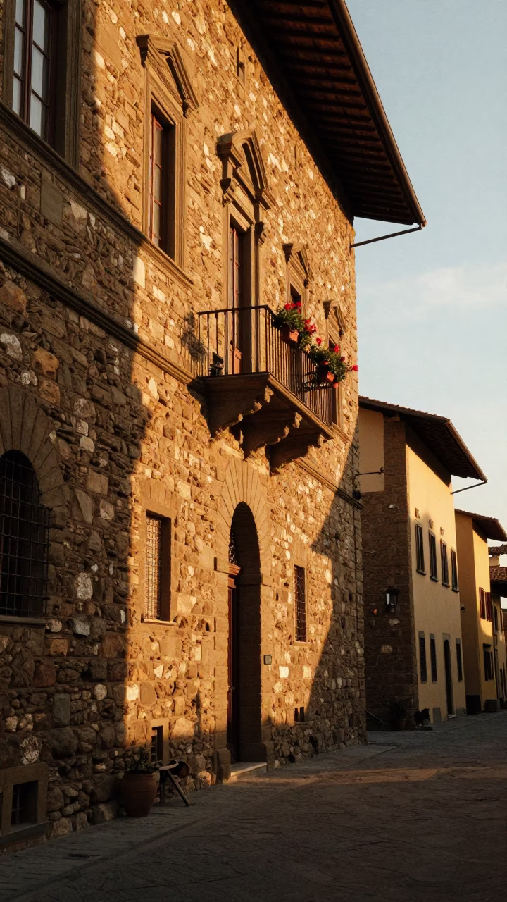 Sunset light illuminating historic stone architecture and narrow alleyway in Florence Italy in in Florence, Italy