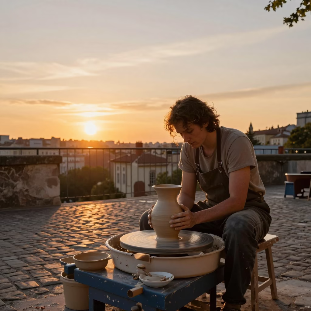 Sunset Light in Lyon at As The Sun Drops Toward The Horizon in in Lyon, France