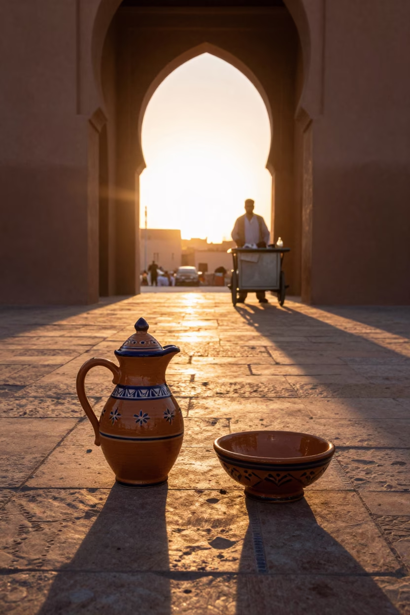 Sunset Light in Marrakech Medina Ceramic Pitcher and Shakshouka Bowl Street Scene in in Marrakech, Morocco