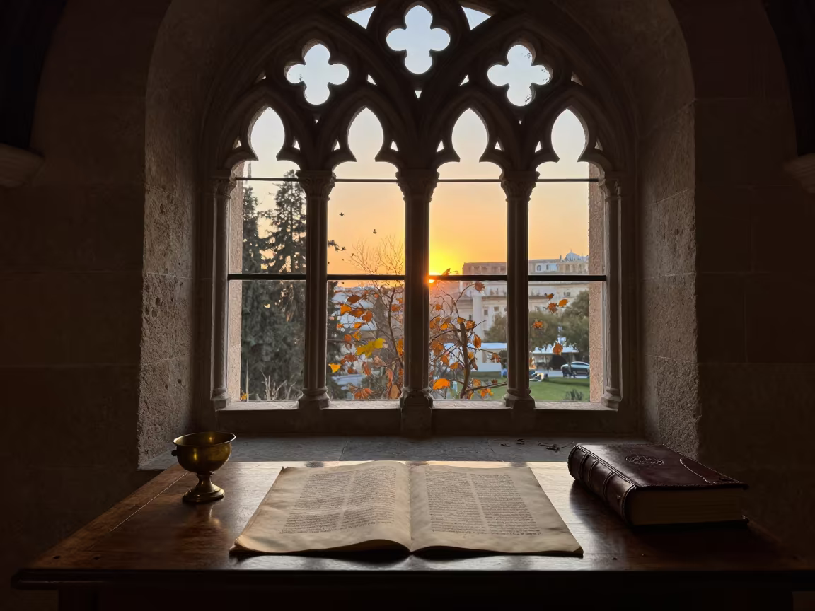 Sunset Light on Medieval Manuscript in Valencia in inside a quiet cloister passage in Valencia