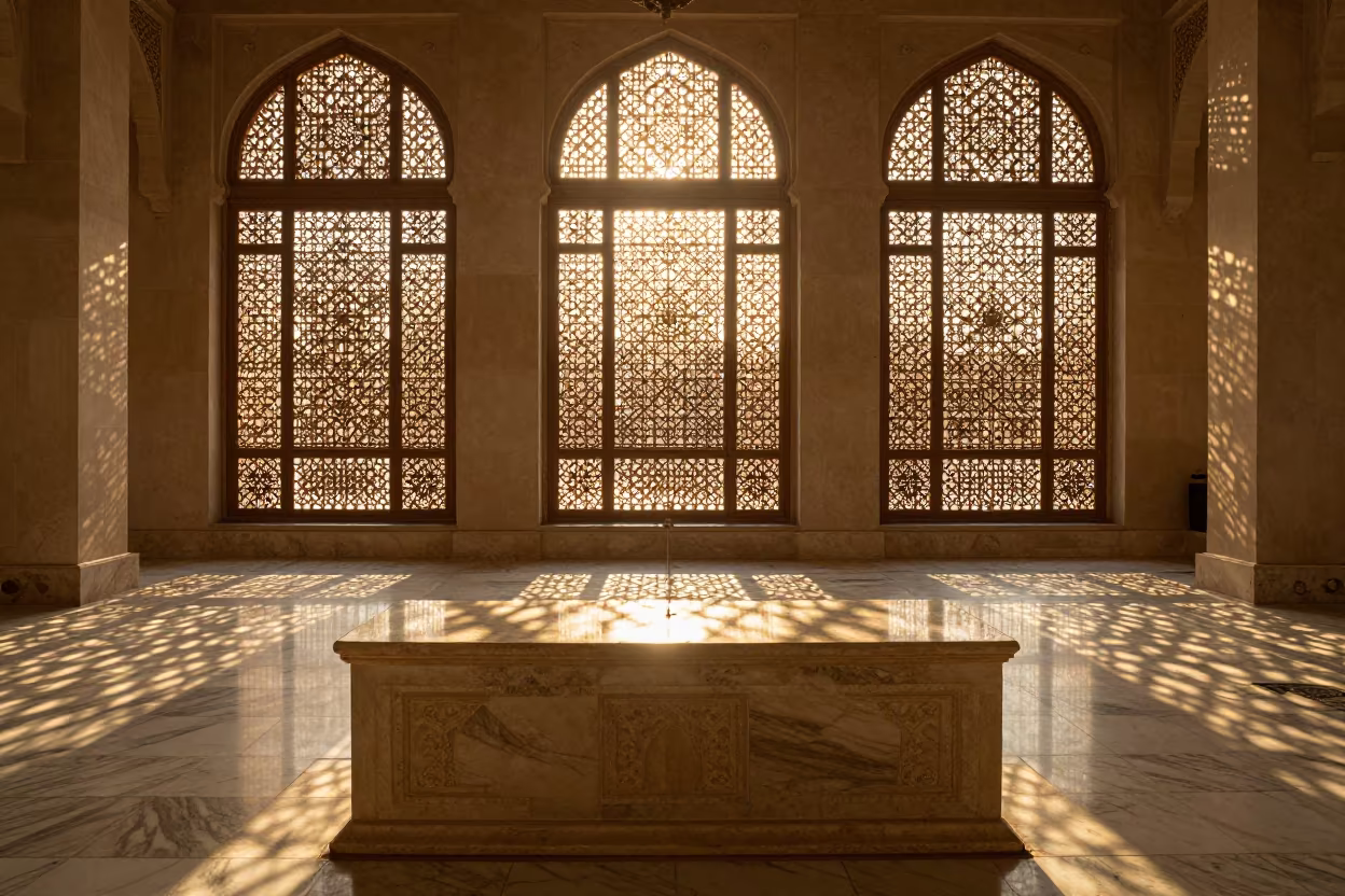 Sunset Light Through Mosque Lattice Screen in at the foot of a stone altar in Al Fahidi, Dubai