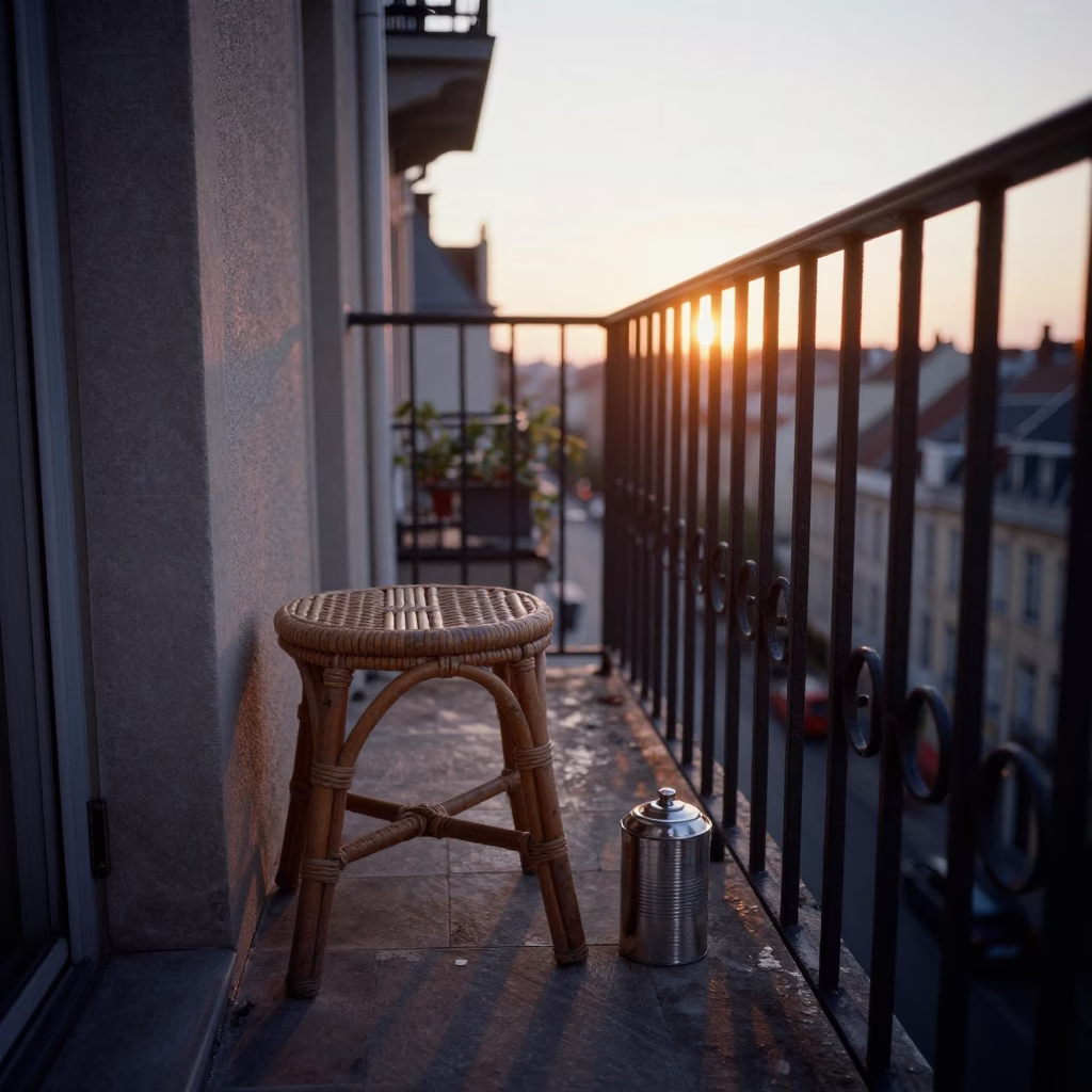 Sunset Light on a Brussels Balcony with Tea Canister and Rattan Stool in in Brussels, Belgium