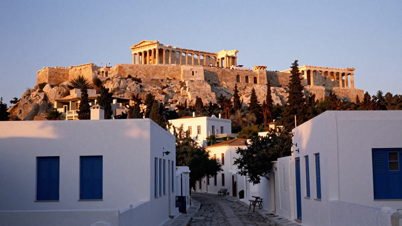 Sunset Light on Acropolis And Plaka District in Athens in in Athens, Greece
