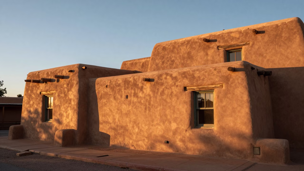 Sunset Light on Adobe Architecture in Santa Fe in in Santa Fe, New Mexico, United States