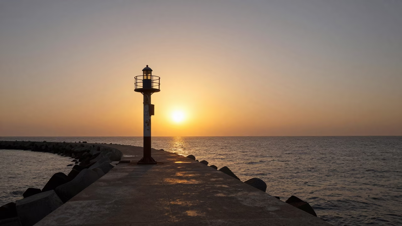 Sunset Light on Alexandria Breakwater Leading to Harbor Beacon in Egypt in in Alexandria, Egypt