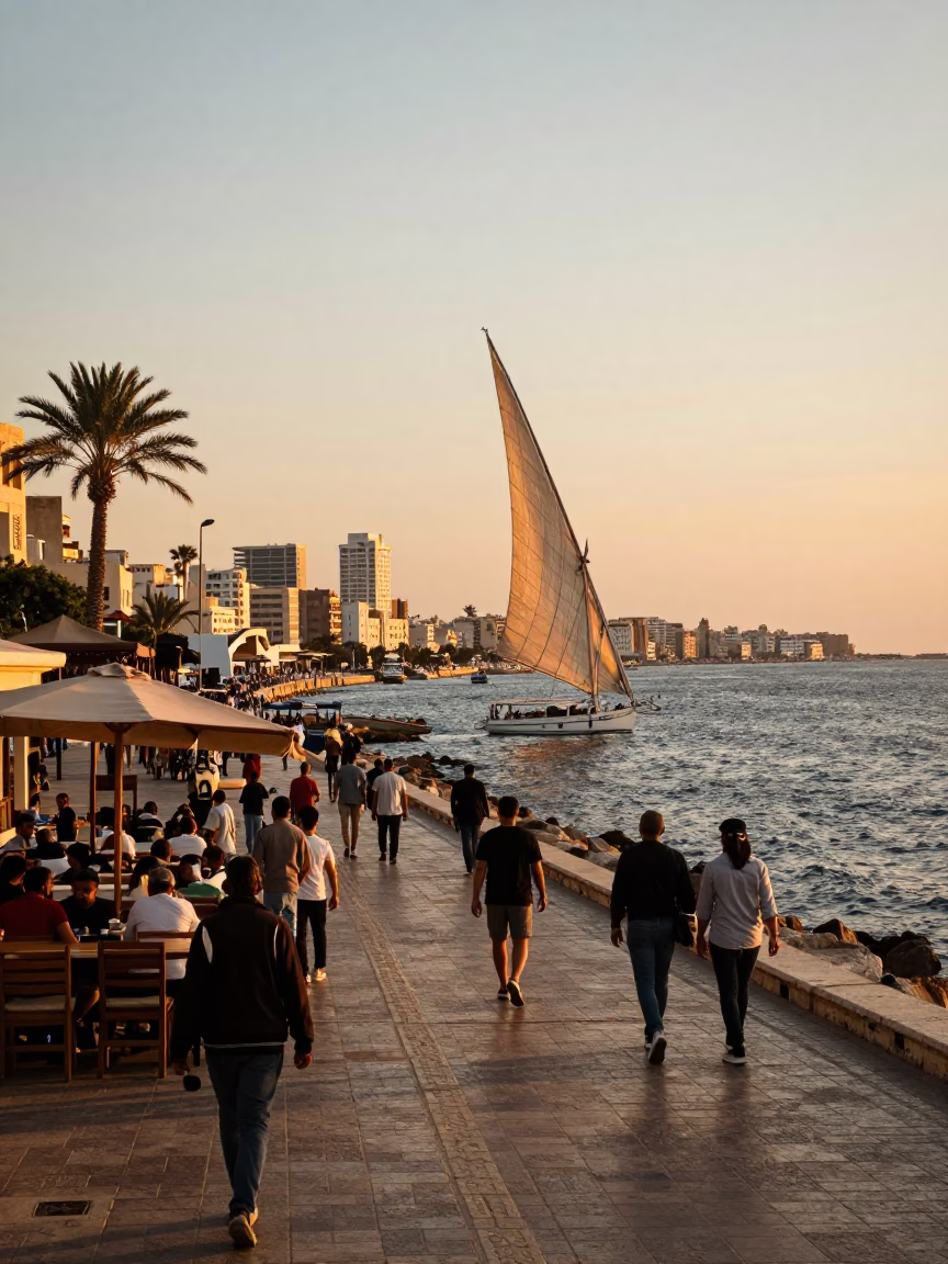 Sunset Light on Alexandria Corniche Sailboat and Local Street Scene in in Alexandria, Egypt