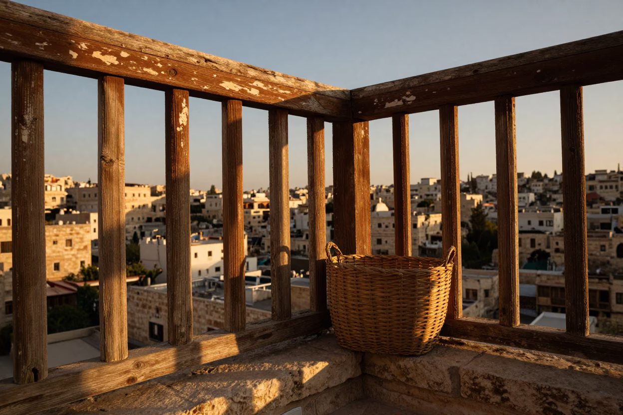 Sunset Light on Amman Balcony with Woven Basket and Scuffed Wood Details in in Amman, Jordan