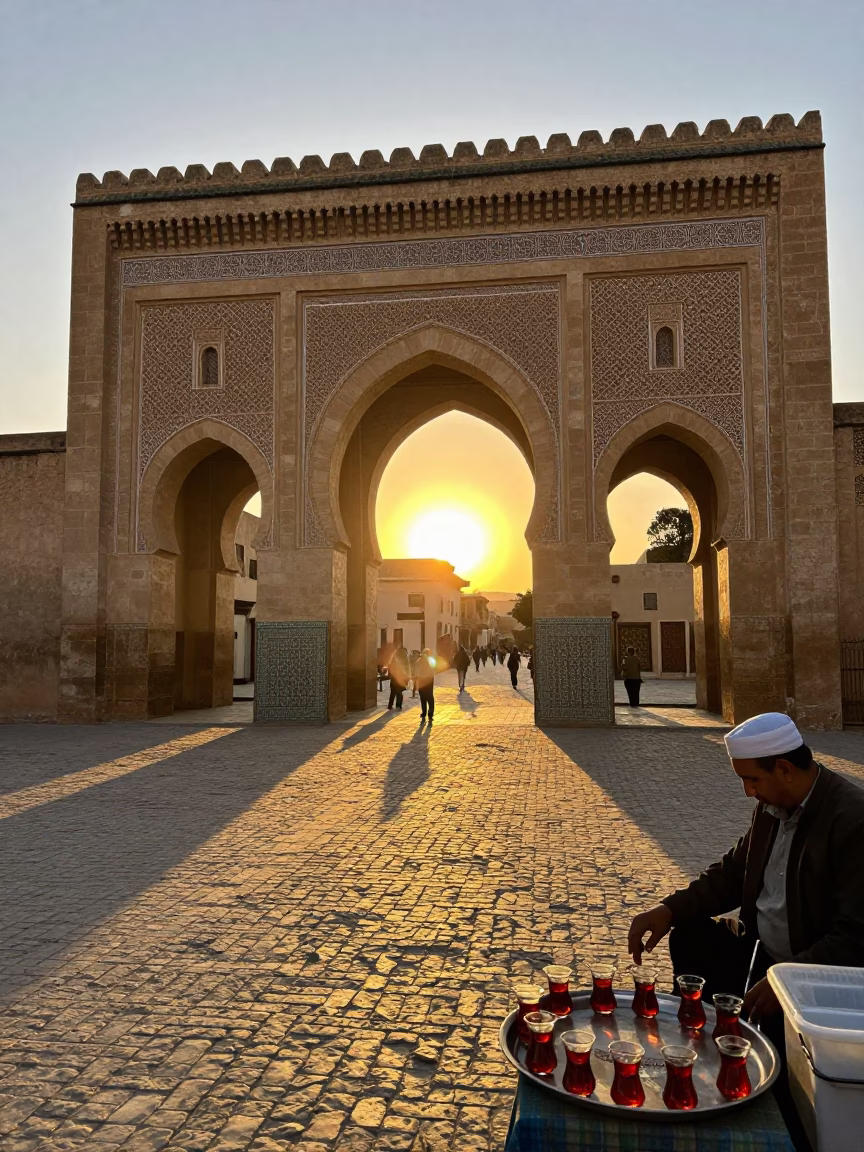 Sunset light on ancient Fez medina arches with traditional tea service in in Fez, Morocco