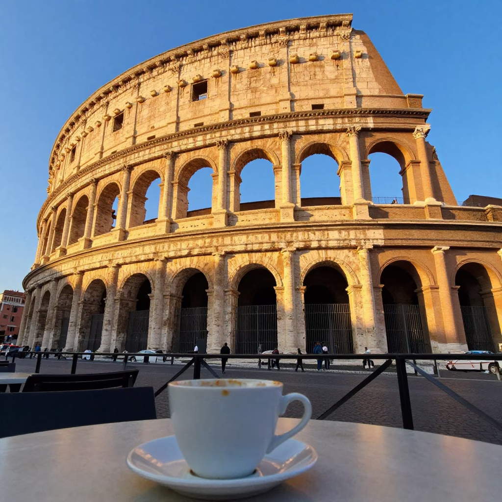 Sunset light on ancient Roman architecture with local street life and traditional elements in in Rome, Italy