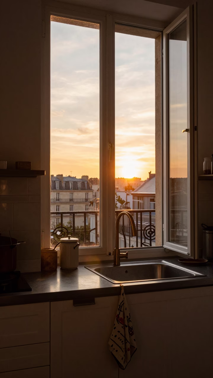 Sunset Light on Apartment Interior in Paris in in Paris, France