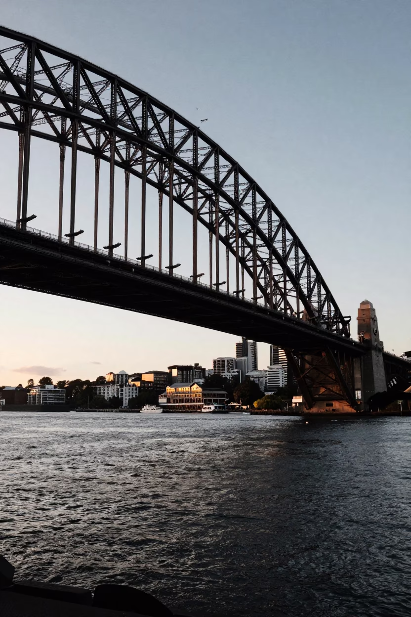 Sunset Light on Auckland Harbour Bridge Counterweight House and Tidal Channel in in Auckland, New Zealand
