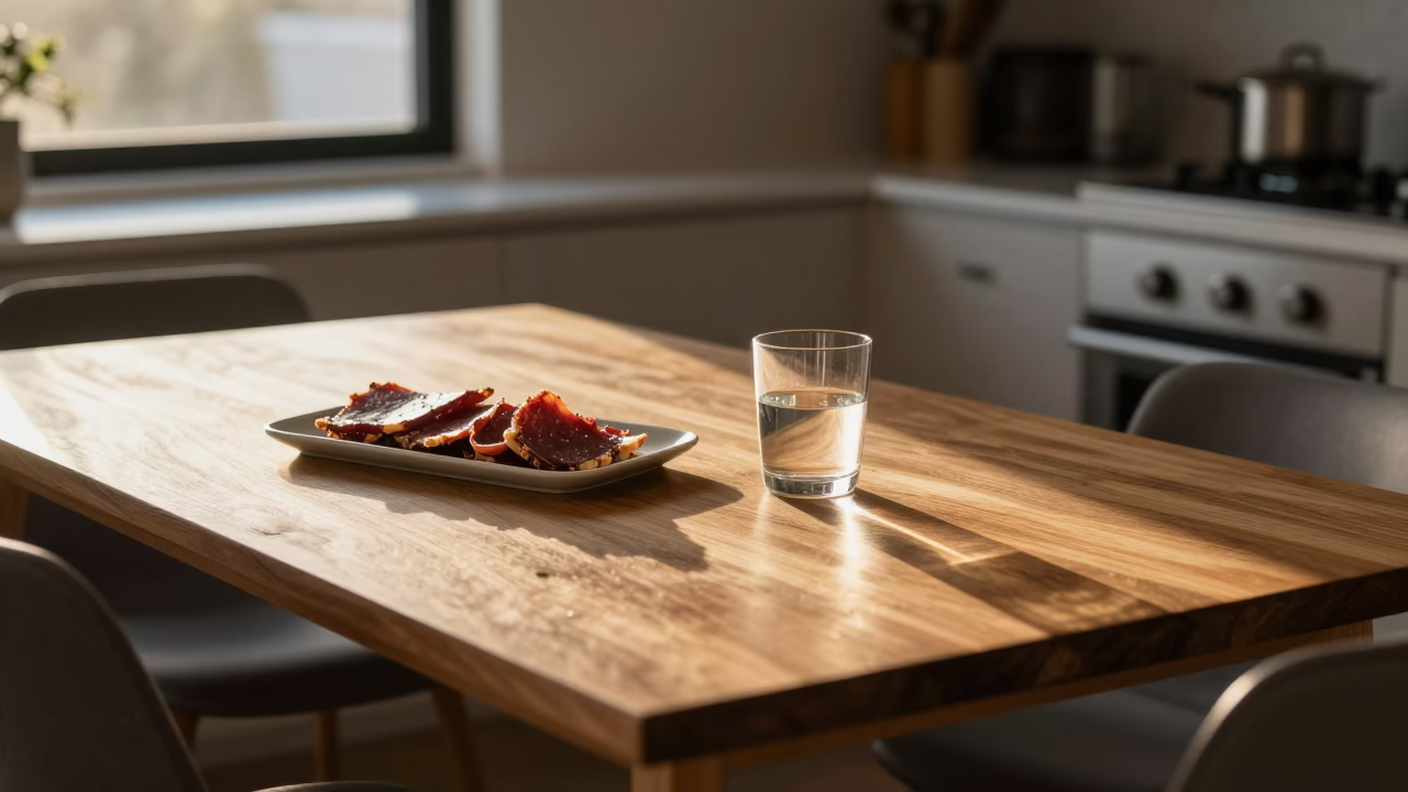 Sunset Light on Auckland Tabletop with Biltong and Glass Vases in in Auckland, New Zealand
