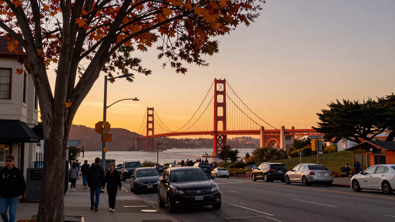 Sunset Light on Autumn Leaves in San Francisco in in San Francisco, California, United States