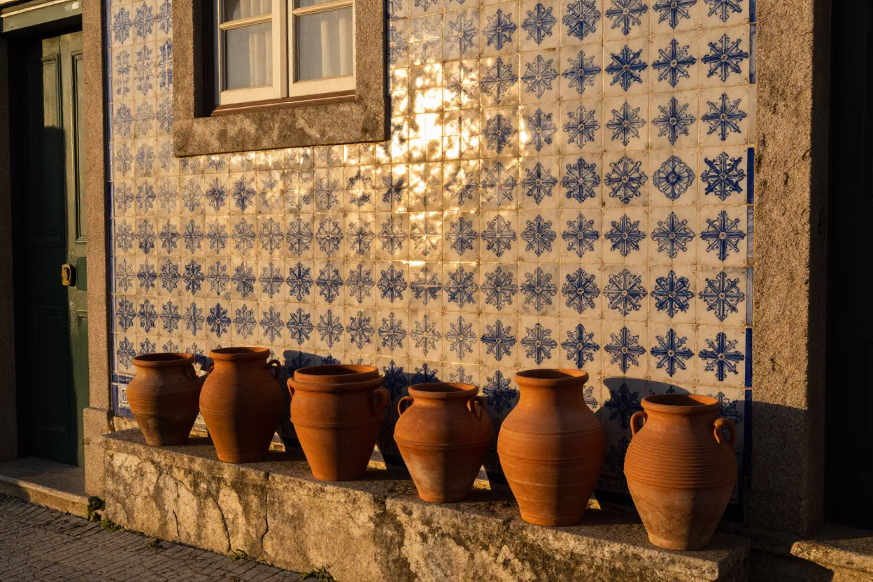 Sunset light on azulejo tiles and clay pots in Porto Portugal in in Porto, Portugal