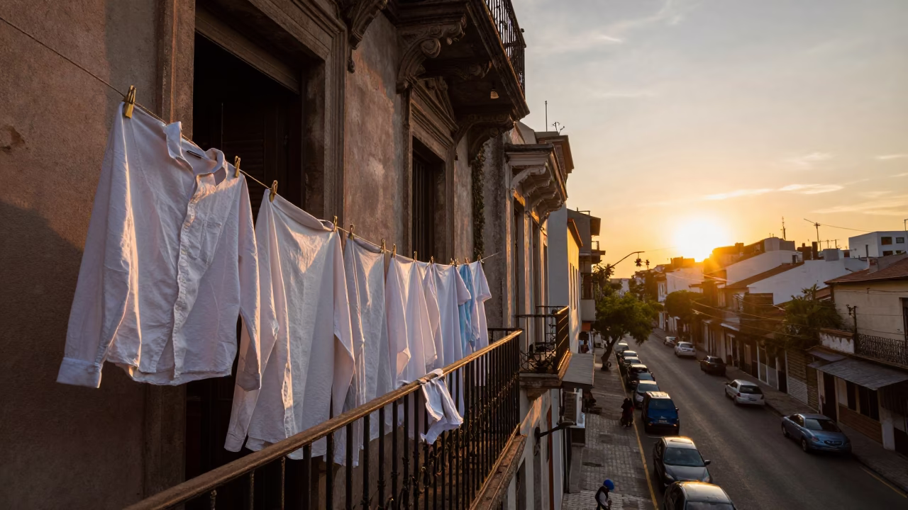 Sunset light on balcony laundry and street life in Buenos Aires in in Buenos Aires, Argentina