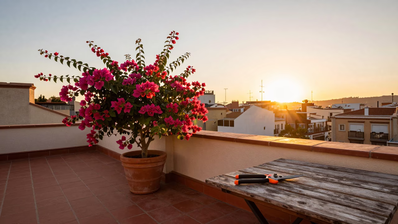 Sunset light on Barcelona rooftop terrace with garden shears and blooming bougainvillea in in Barcelona, Spain