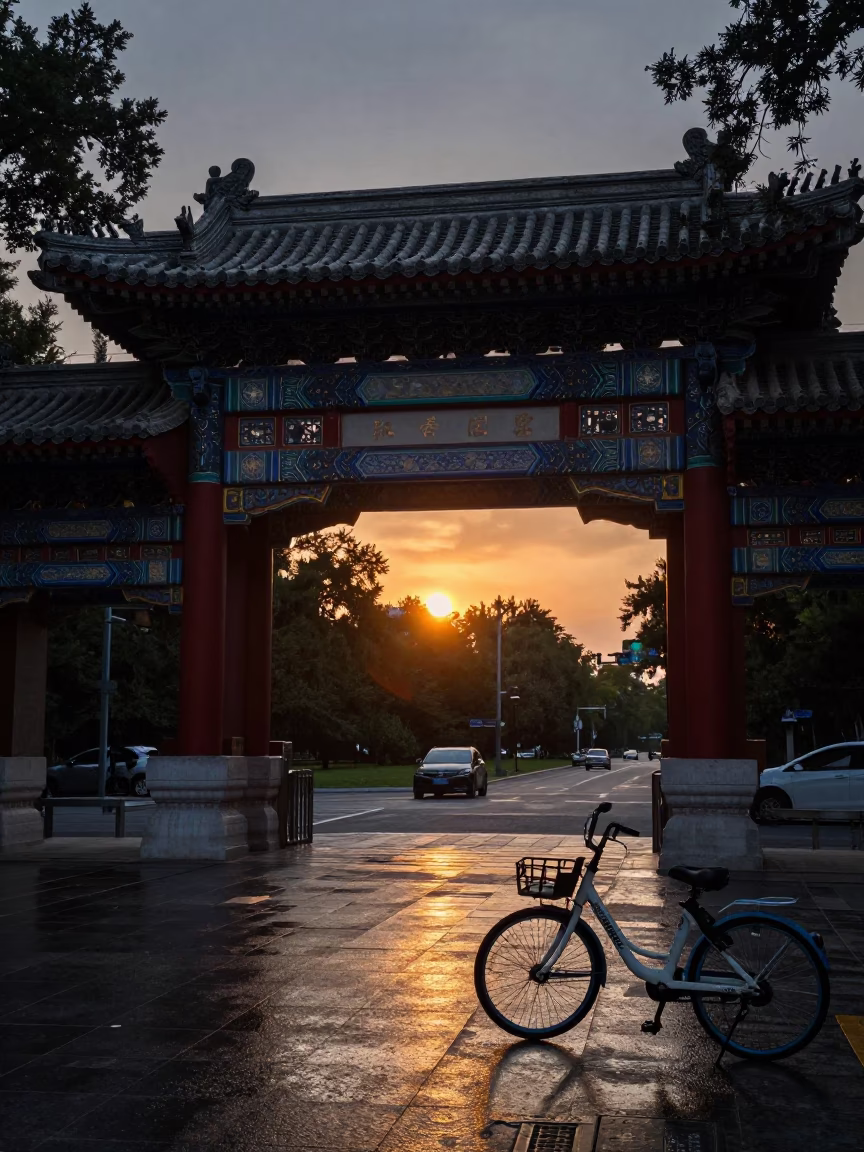 Sunset light on Beijing university archway framing wet bicycle rack and campus life in in Beijing, China