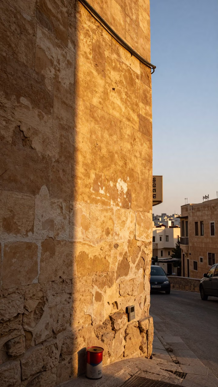Sunset light on Beirut plaster wall with tea canister in 1950s street scene in in Beirut, Lebanon