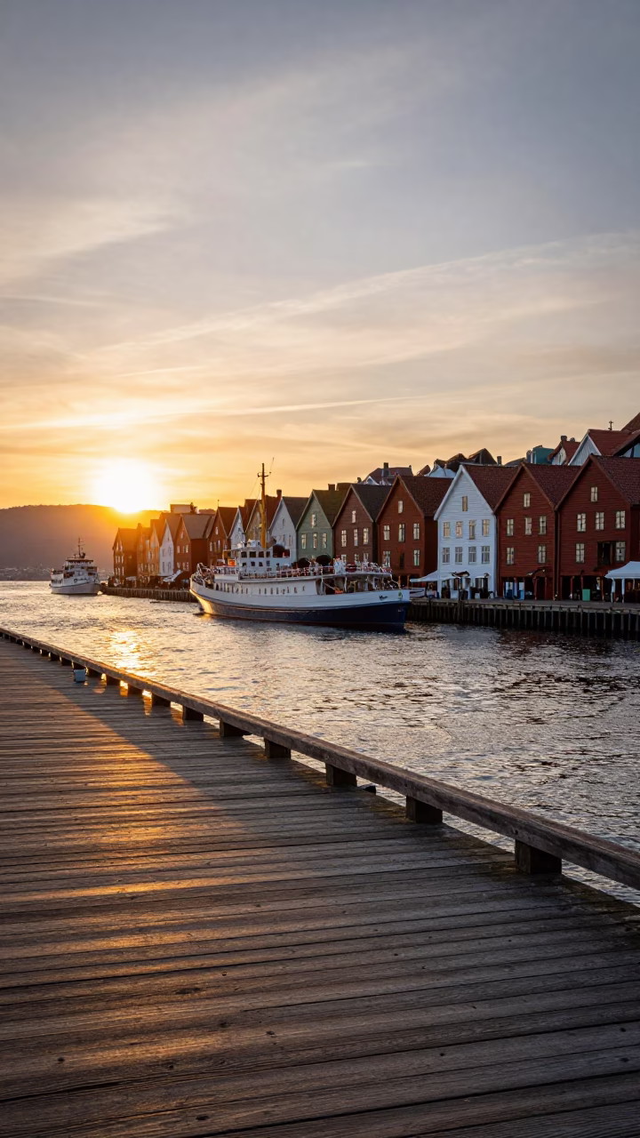 Sunset Light on Bergen Norway Wharf with Steamboat and Colorful Houses in in Bergen, Norway