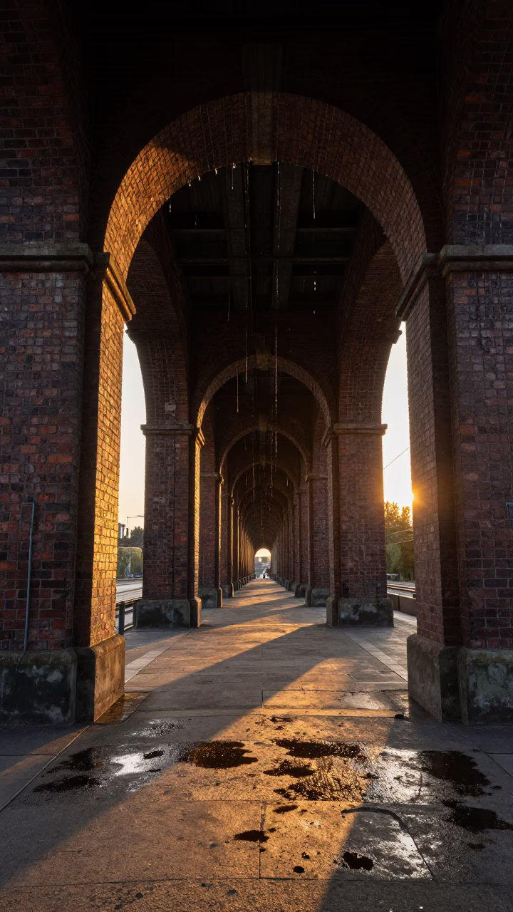 Sunset Light on Berlin Viaduct Arch Undercroft with Dripping Water and Ferns in in Berlin, Germany