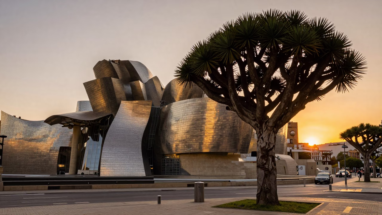 Sunset light on Bilbao streets with monkey puzzle tree and fallen petals in in Bilbao, Spain
