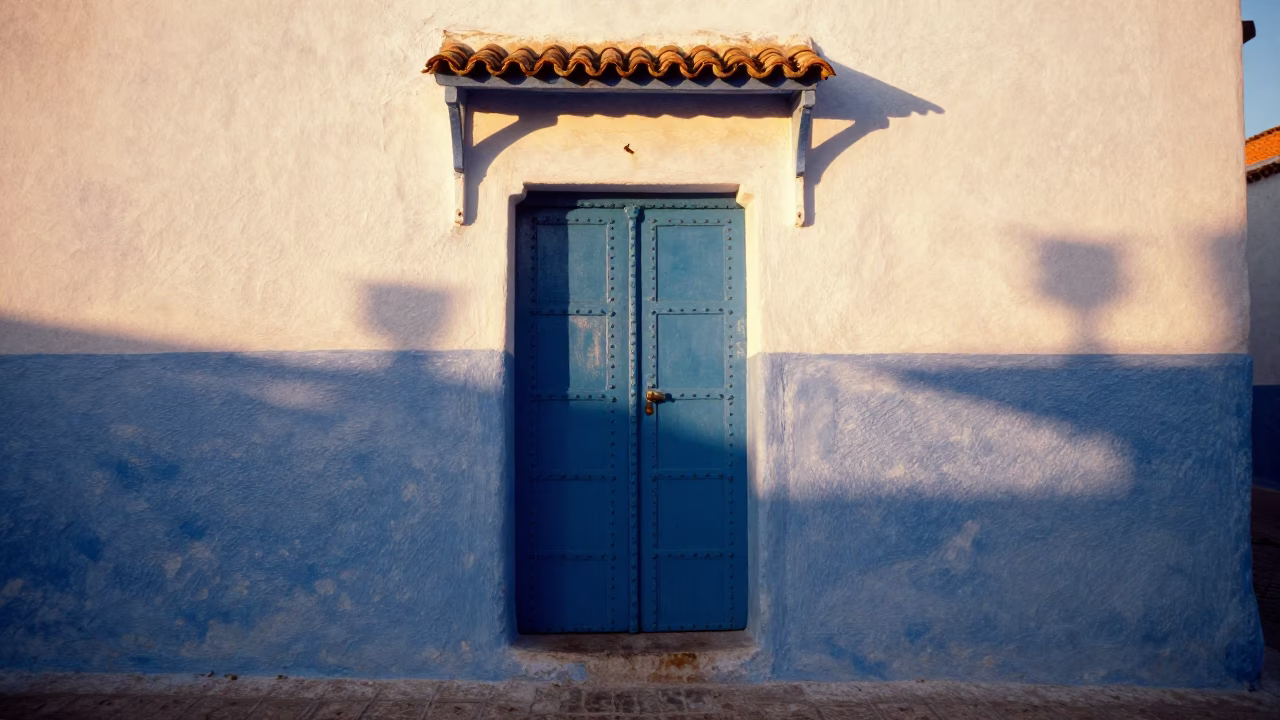 Sunset Light on Blue Door and White Walls in Essaouira Medina Morocco in in Essaouira, Morocco
