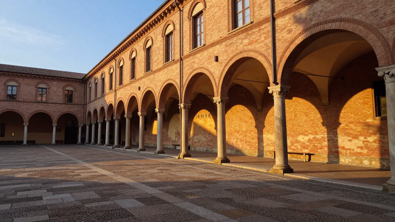 Sunset light on Bologna Italy university cloister walkway between old stone buildings in in Bologna, Italy