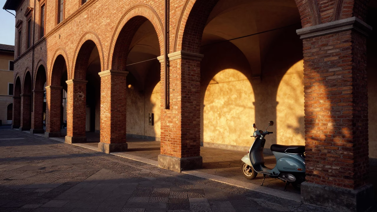 Sunset Light on Bologna Porticoes with Vintage Scooter and Street Vendor in in Bologna, Italy
