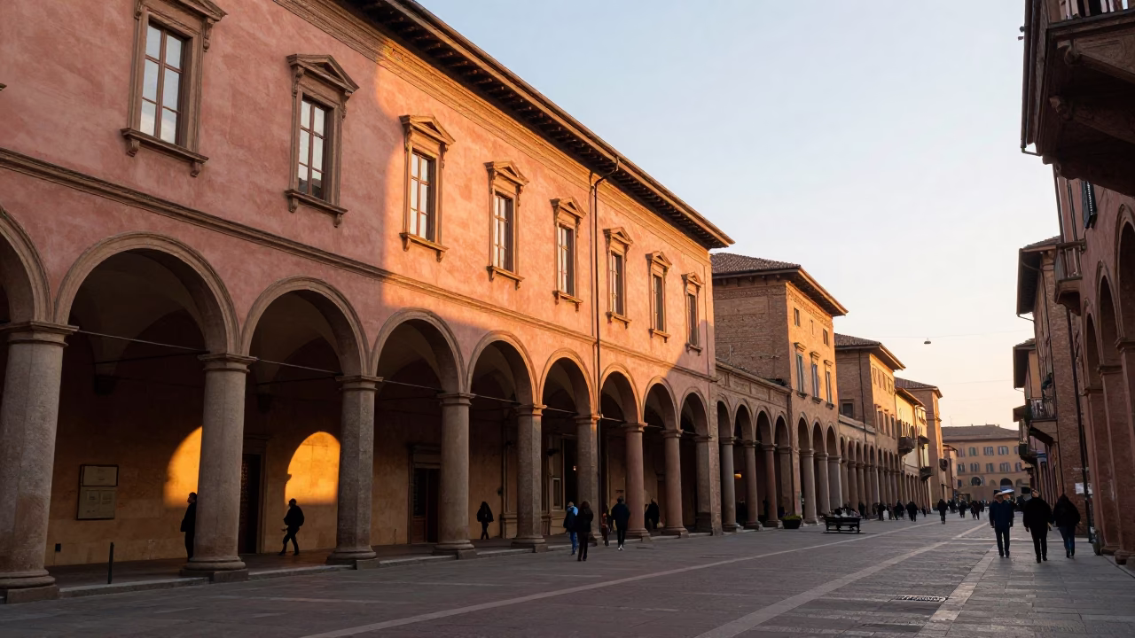 Sunset Light on Bologna's Historic Porticoes and Street Life in in Bologna, Italy