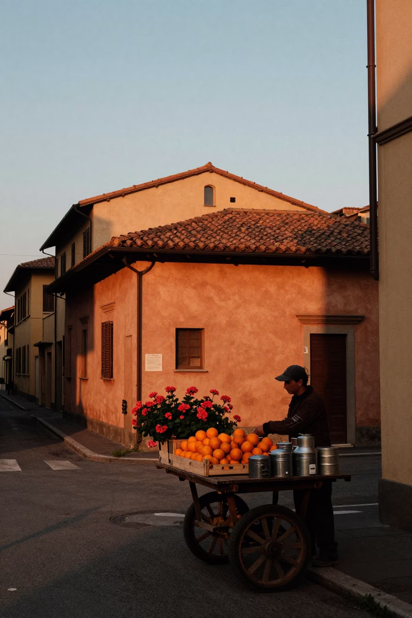 Sunset Light on Bologna Street Corner with Geraniums and Orange Stall in in Bologna, Italy