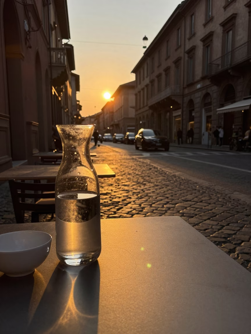 Sunset Light on Bologna Street Corner with Glass Carafe and Ceramic Bowl in in Bologna, Italy