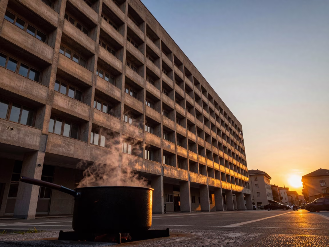 Sunset light on Bologna university architecture with cooking pot and tongs in in Bologna, Italy