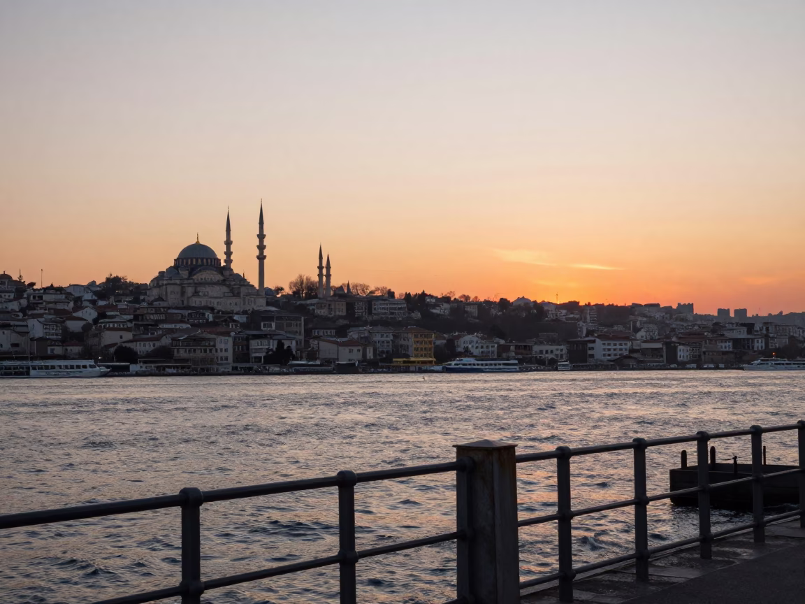 Sunset Light on Bosphorus Strait in Istanbul in in Istanbul, Turkey