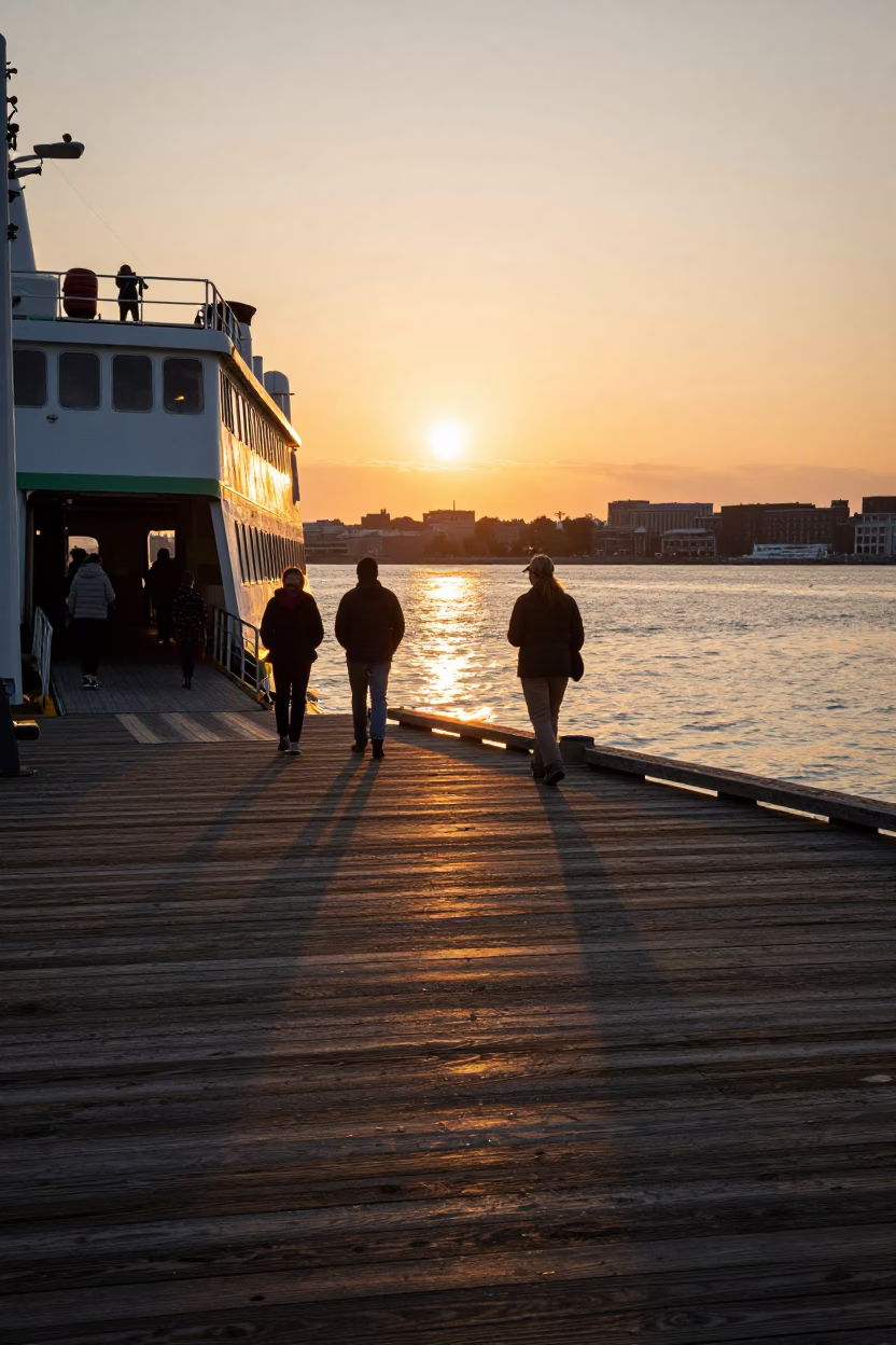 Sunset Light on Boston Harbor Ferry Dock with Passengers and Bicycles Loading in in Boston, Massachusetts, United States