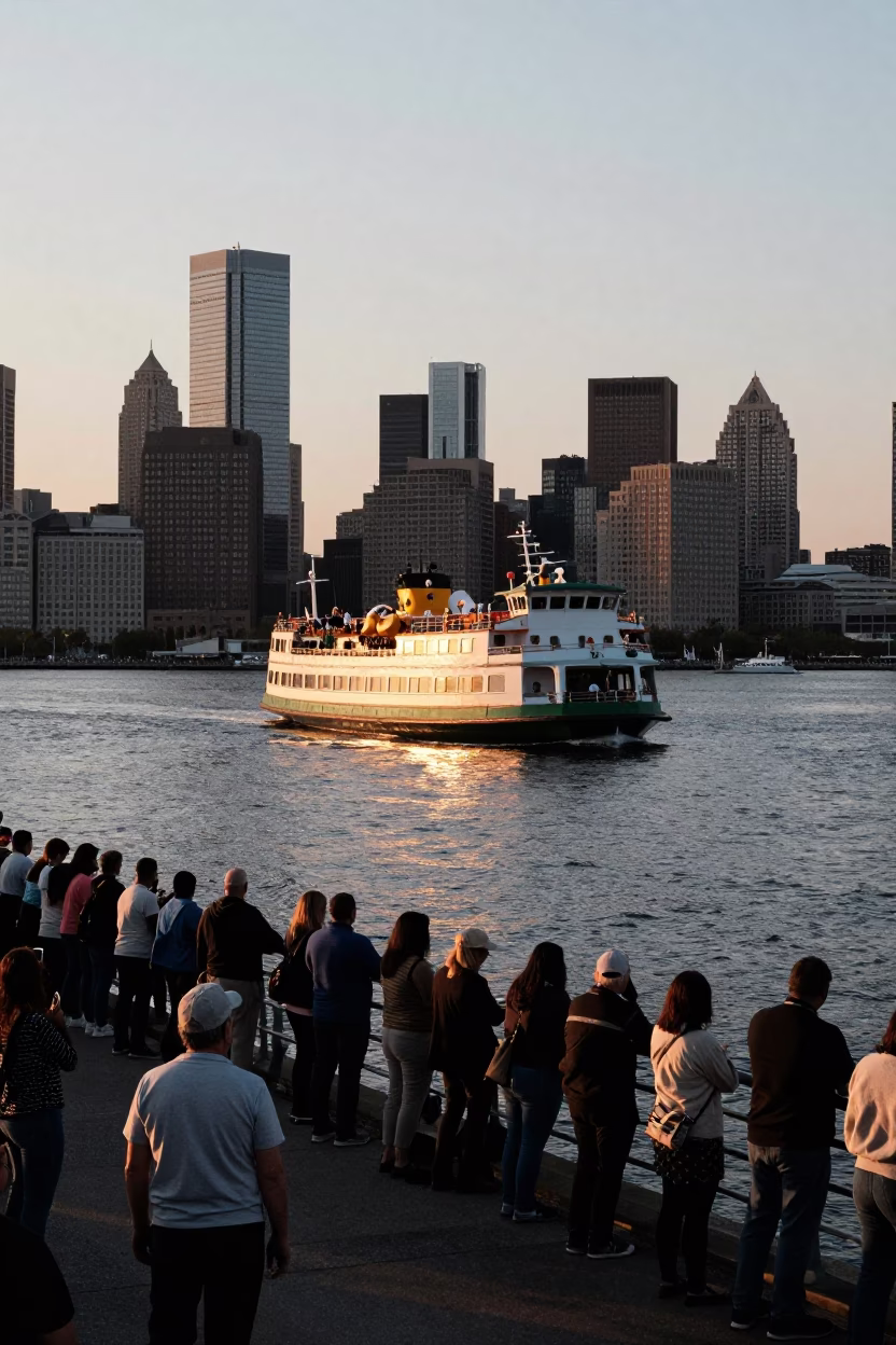 Sunset light on Boston harbor ferry with passengers and city skyline view in in Boston, Massachusetts, United States