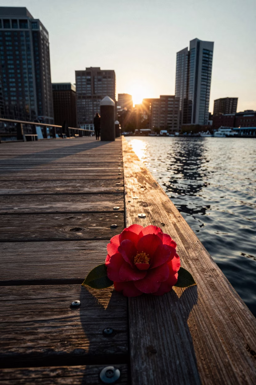 Sunset Light on Boston Harbor Wharf with Camellia Bloom and Picnic Blanket in in Boston, Massachusetts, United States