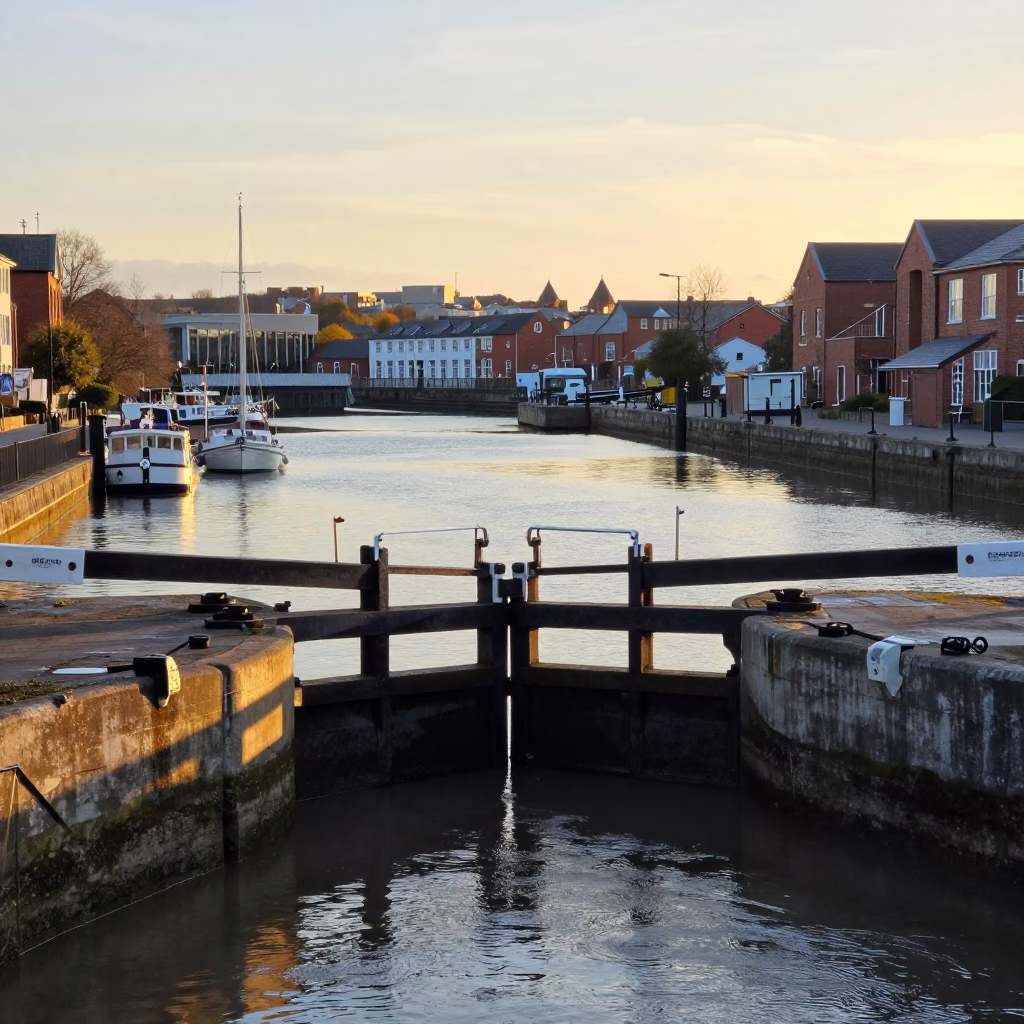Sunset light on Bristol harbor waterfront with canal lock and urban industrial architecture in in Bristol, United Kingdom