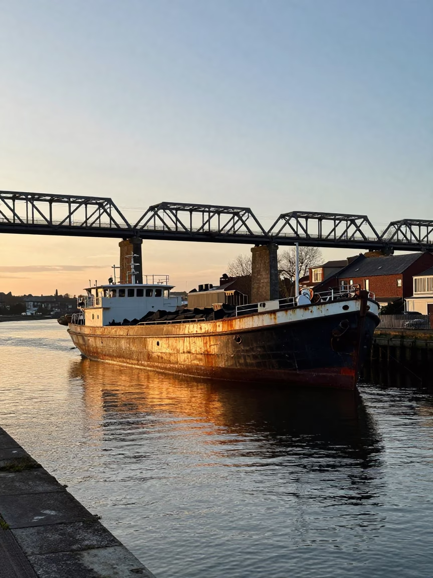 Sunset Light on Bristol Harbourside Coal Barge Under Railway Bridge in in Bristol, United Kingdom