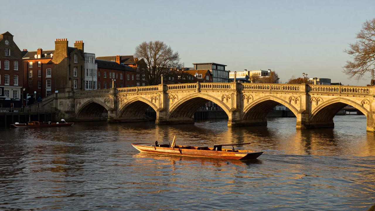 Sunset light on Bristol waterfront with punts and historic stone architecture in in Bristol, United Kingdom