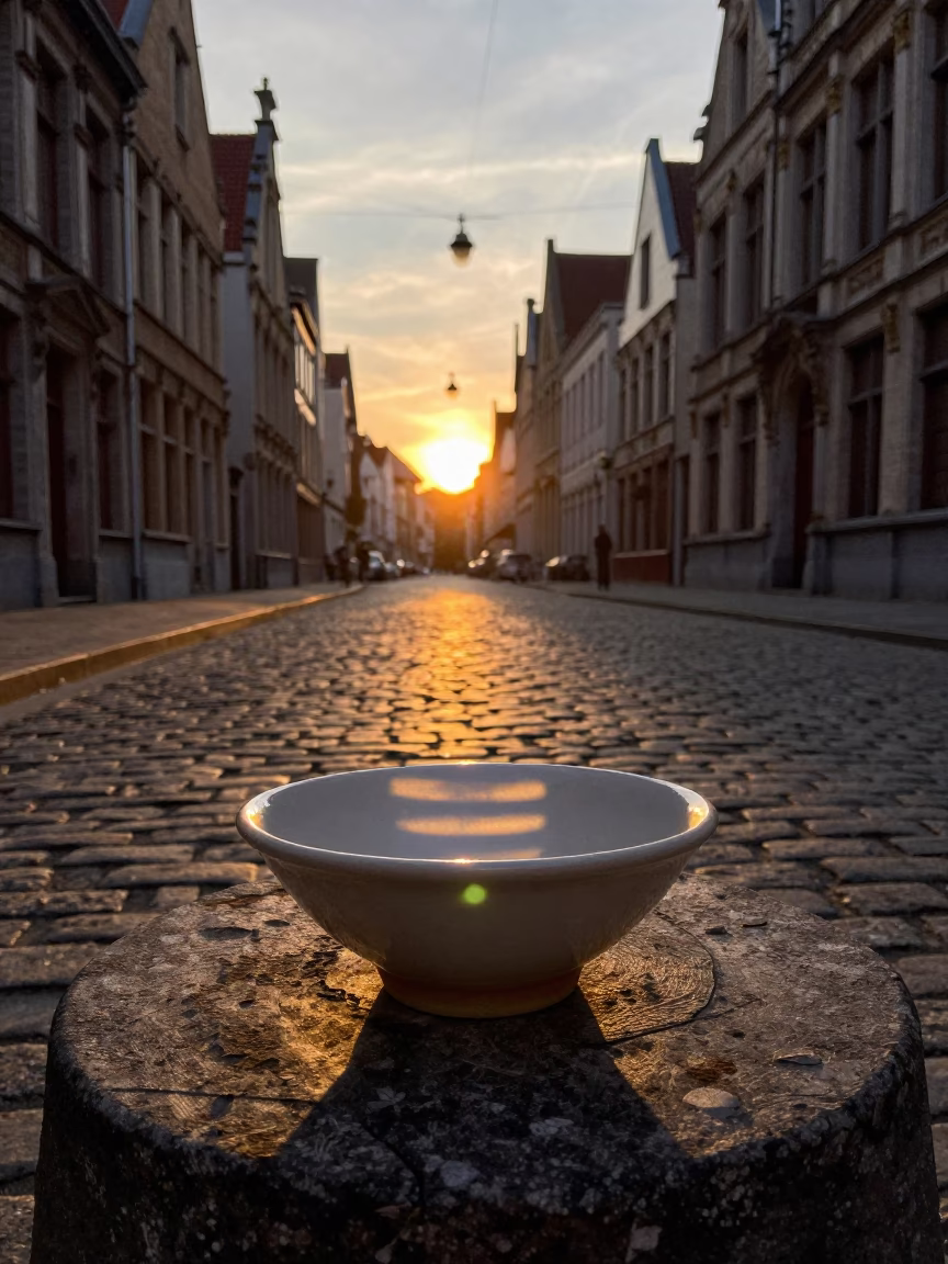 Sunset Light on Brussels Cobblestone Street with Hanging Air Plant and Mailbox in in Brussels, Belgium