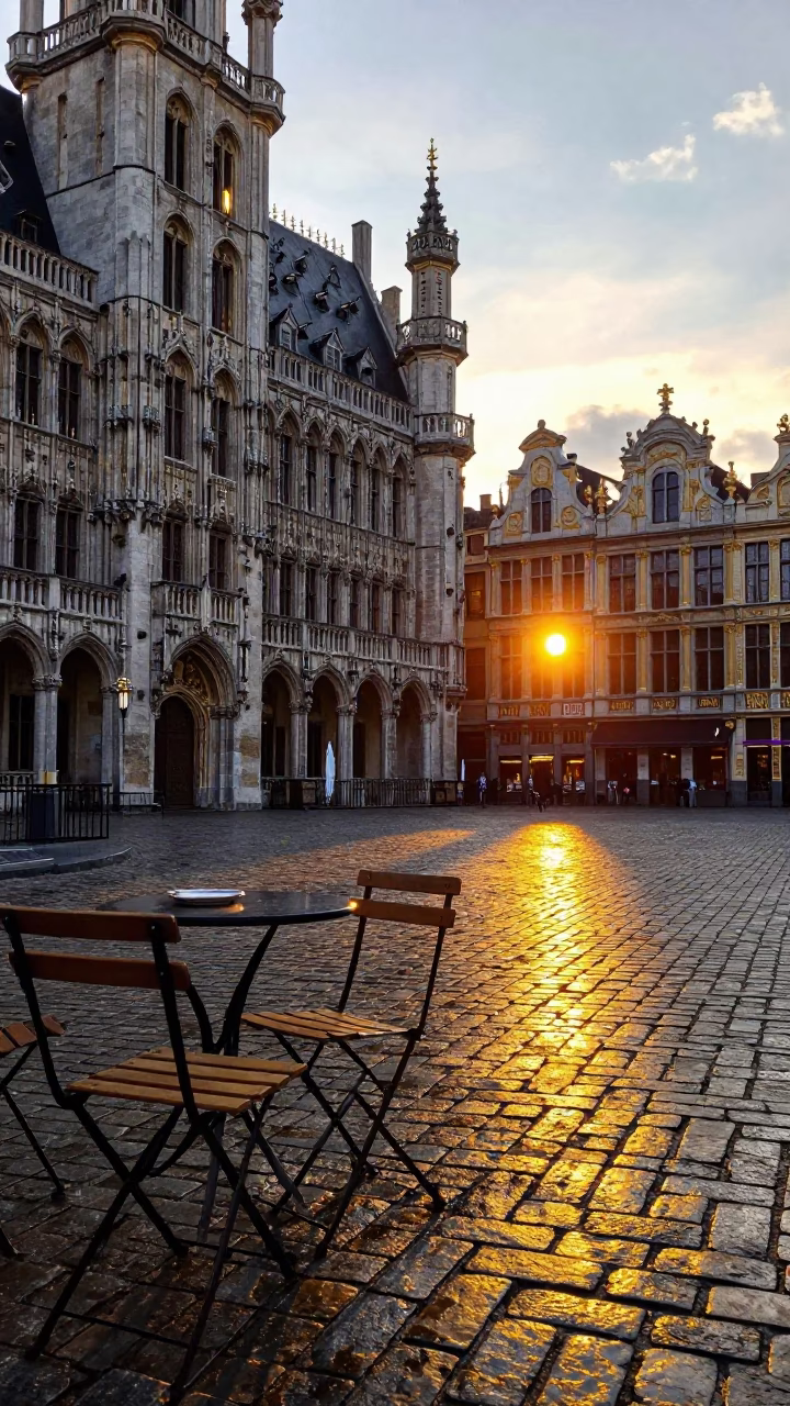 Sunset light on Brussels cobblestones near Grand Place with pastries and wisteria in in Brussels, Belgium
