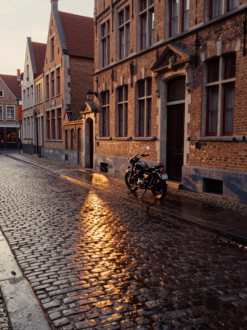 Sunset Light on Brussels Cobblestones with Motorcycle and Magnet Detail in in Brussels, Belgium