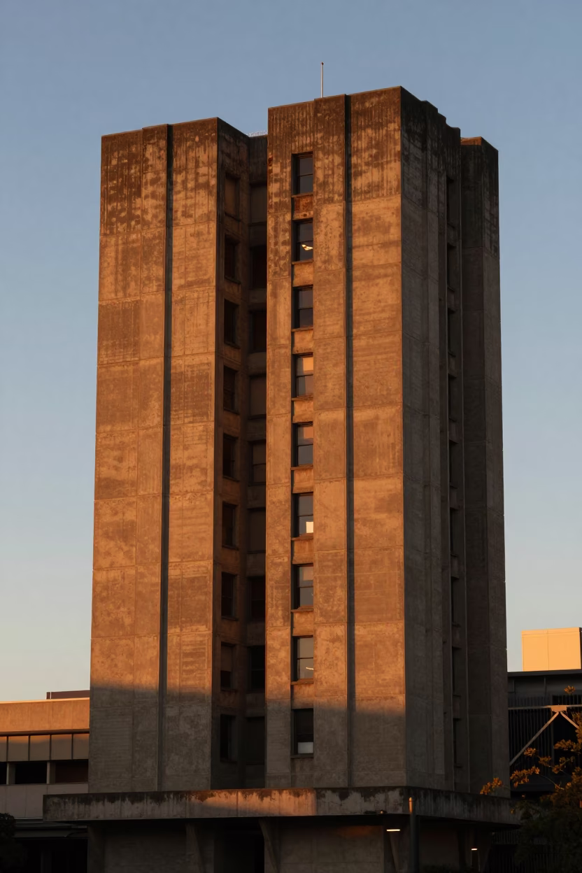 Sunset light on brutalist concrete university tower in Adelaide South Australia dusk in in Adelaide, South Australia, Australia