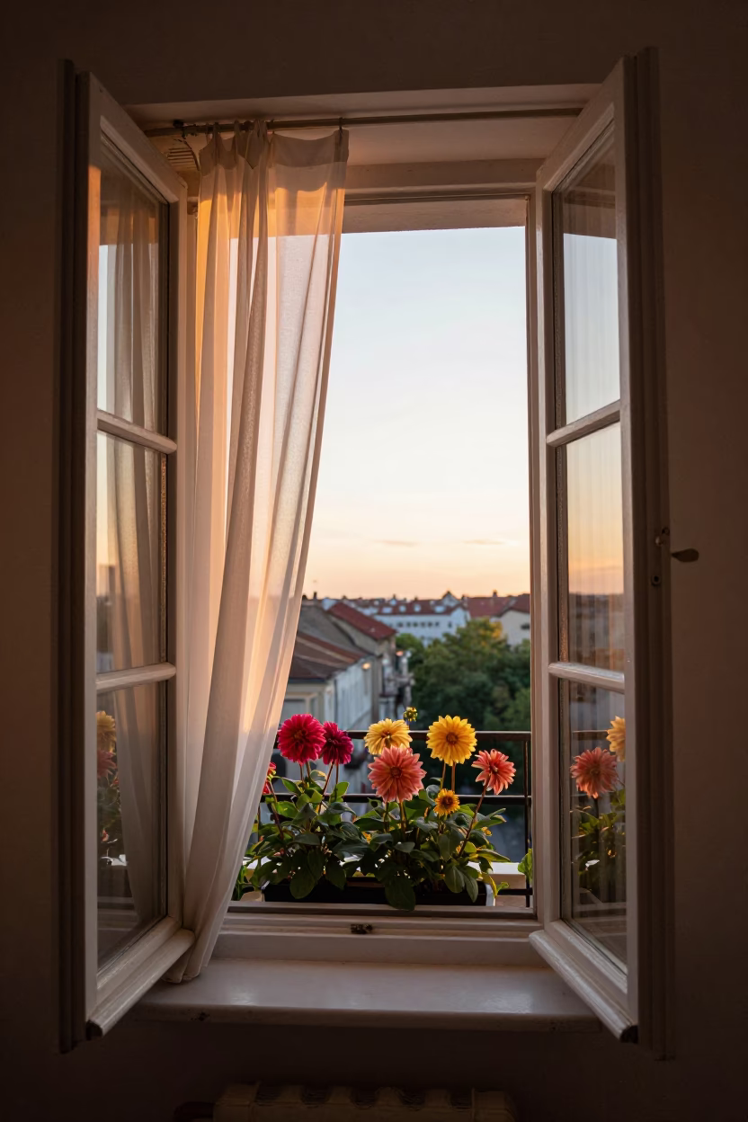 Sunset Light on Budapest Apartment Window with Curtain and Dahlia Garden View in in Budapest, Hungary