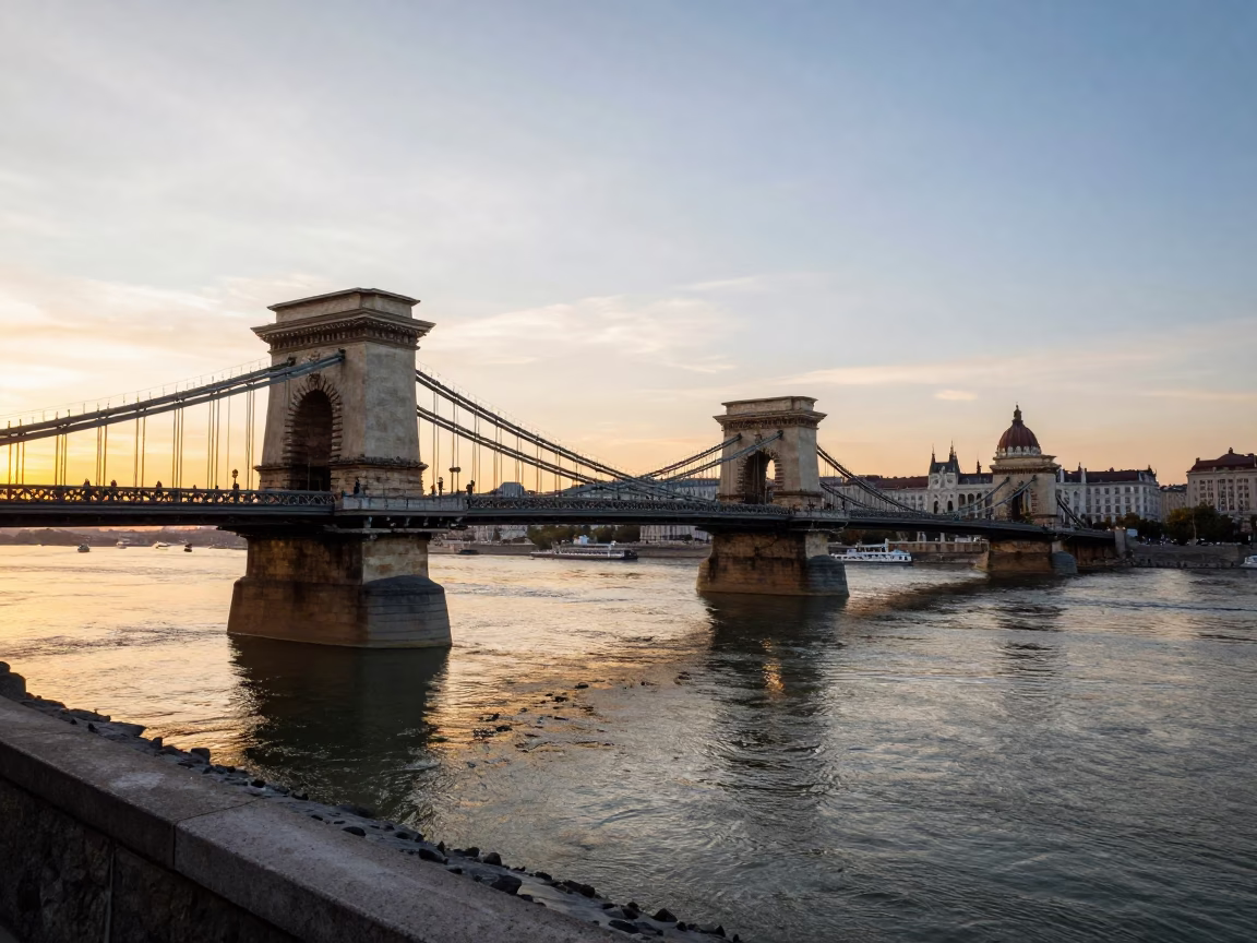 Sunset Light on Budapest Chain Bridge and Danube River with Hydrangeas in in Budapest, Hungary