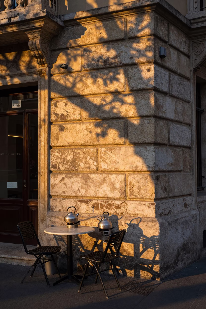 Sunset Light on Budapest Street Corner with Wicker Shadow on Kettle Lid in in Budapest, Hungary