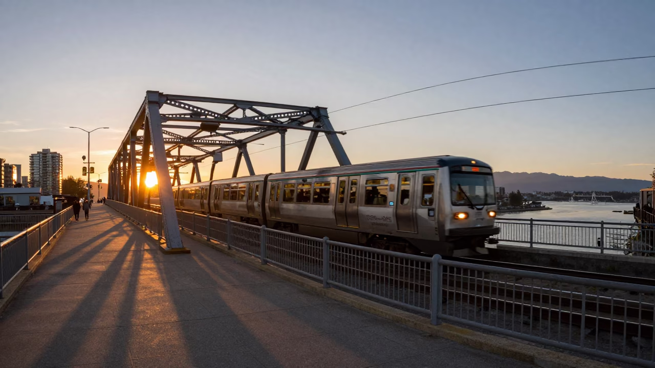 Sunset Light on Burrard Street Bridge Commuter Train in Vancouver BC Canada in in Vancouver, British Columbia, Canada